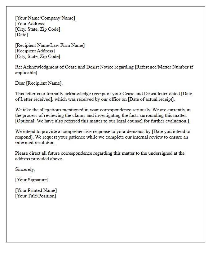 Cease and Desist Acknowledgment Letter
