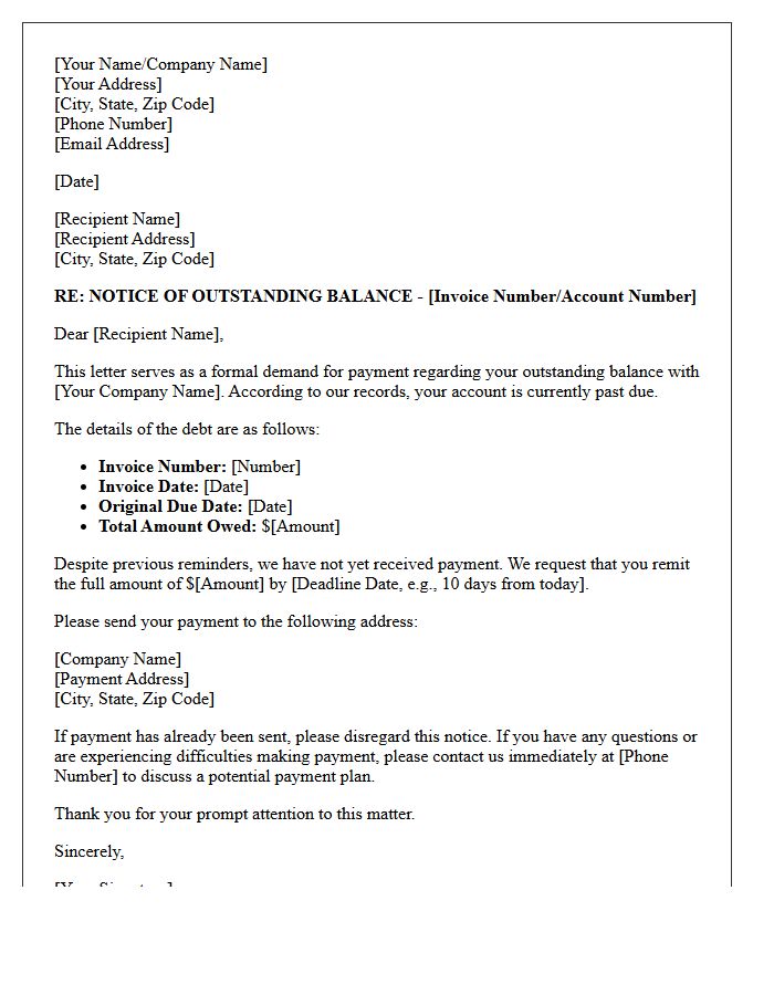 First Demand Letter for Outstanding Balance