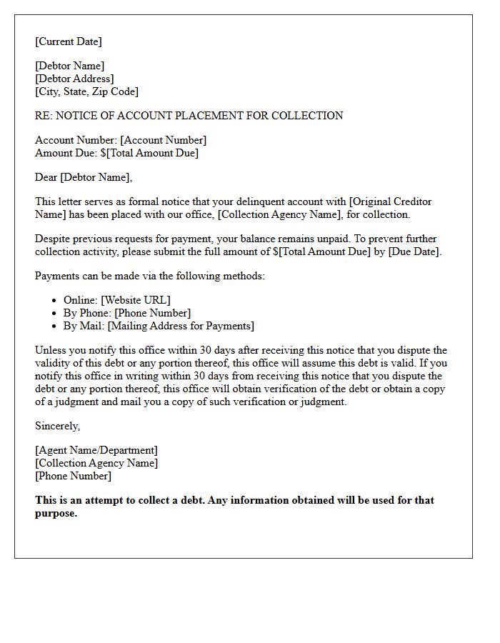 Notice of Account Placement for Collection Letter