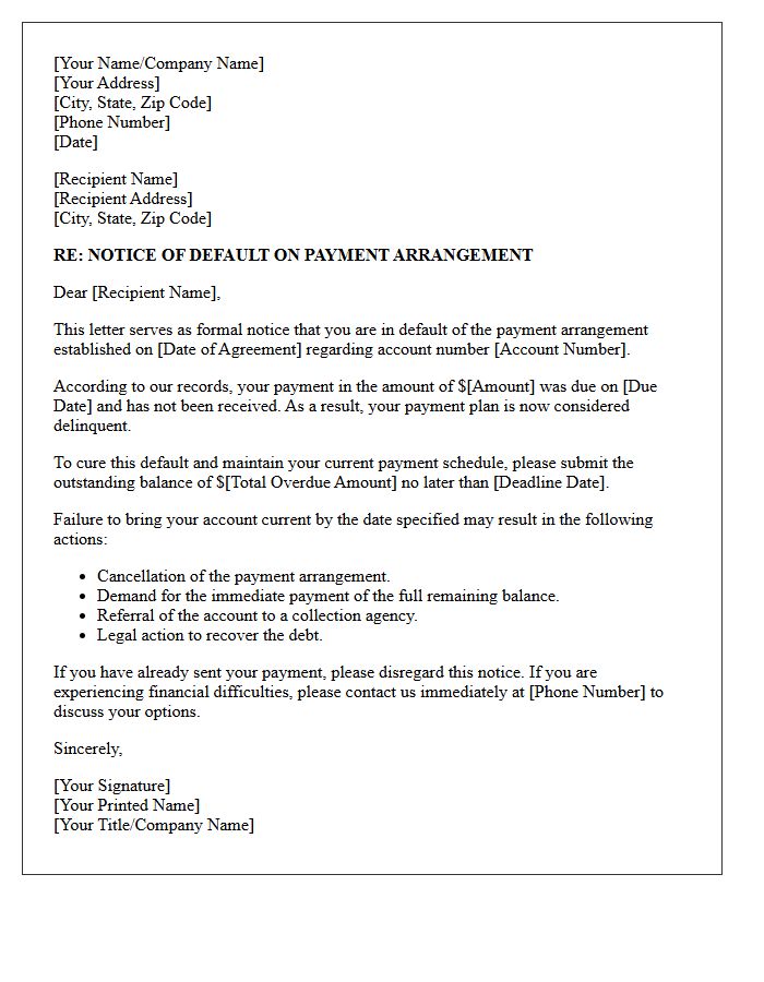 Notice of Default on Payment Arrangement Letter