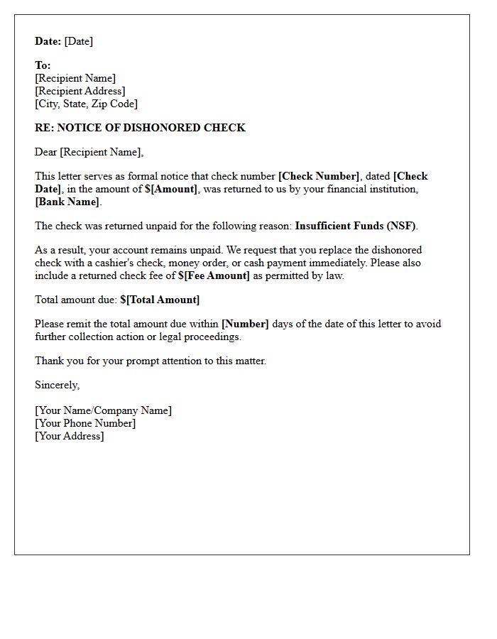 Notice of Dishonored Check Due to Insufficient Funds Letter