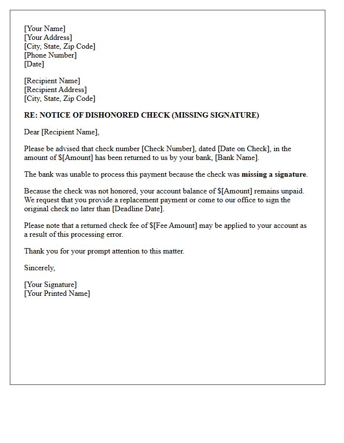 Notice of Dishonored Check Due to Missing Signature Letter