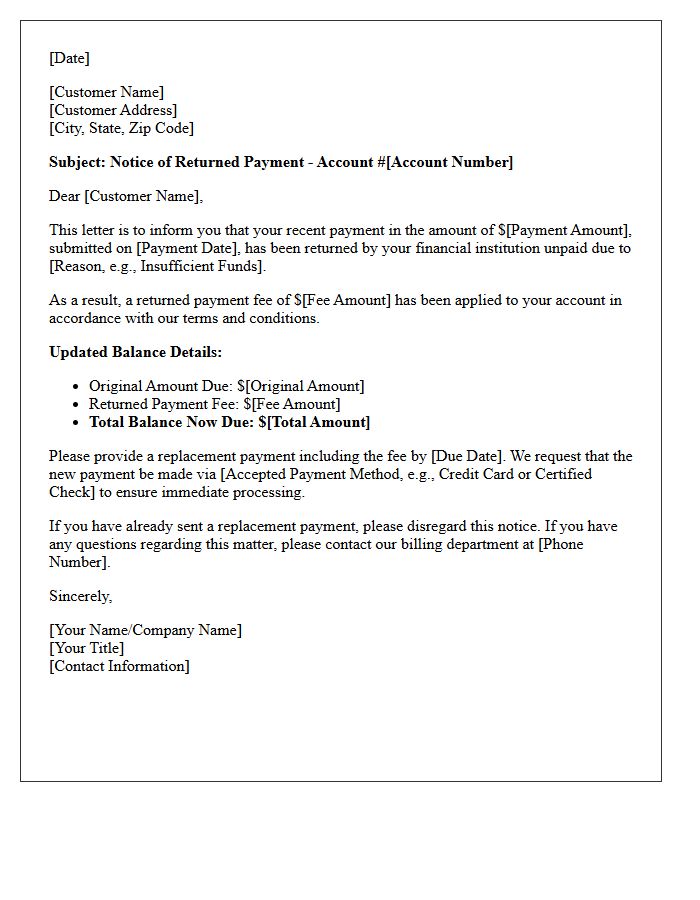 Notice of Returned Payment Fee Letter