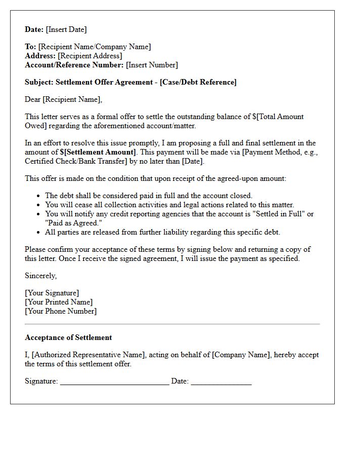 Settlement Offer Agreement Letter