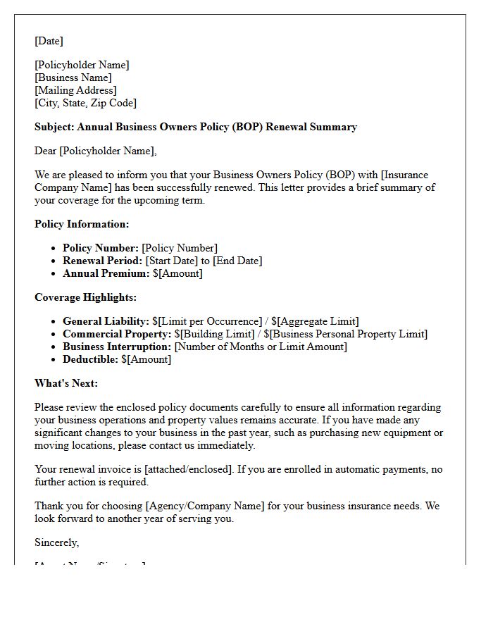 Annual Business Owners Policy Renewal Summary Letter