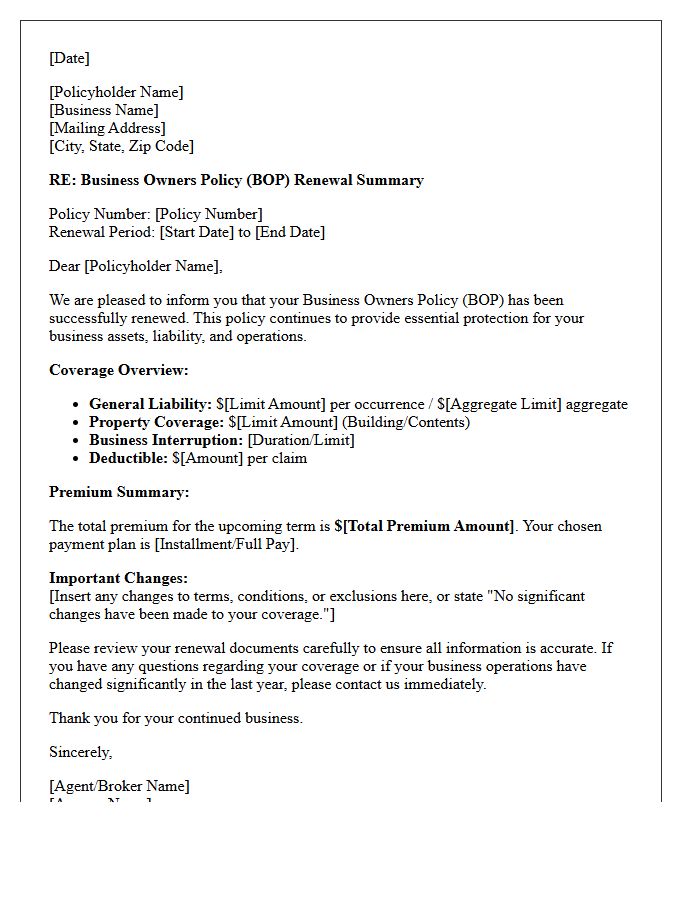 Business Owners Policy Coverage Renewal Summary Letter