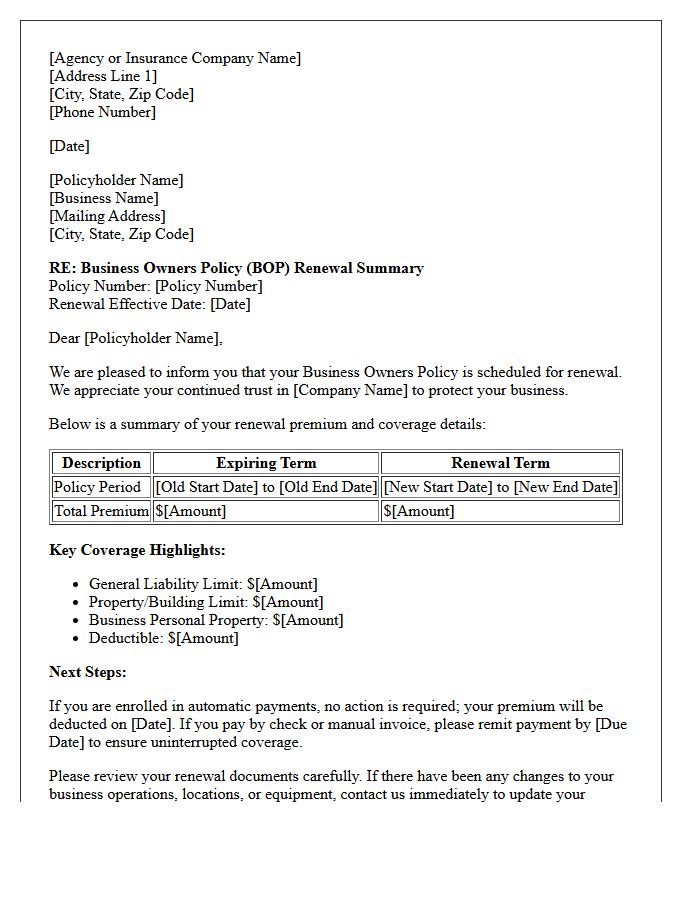 Business Owners Policy Premium Renewal Summary Letter