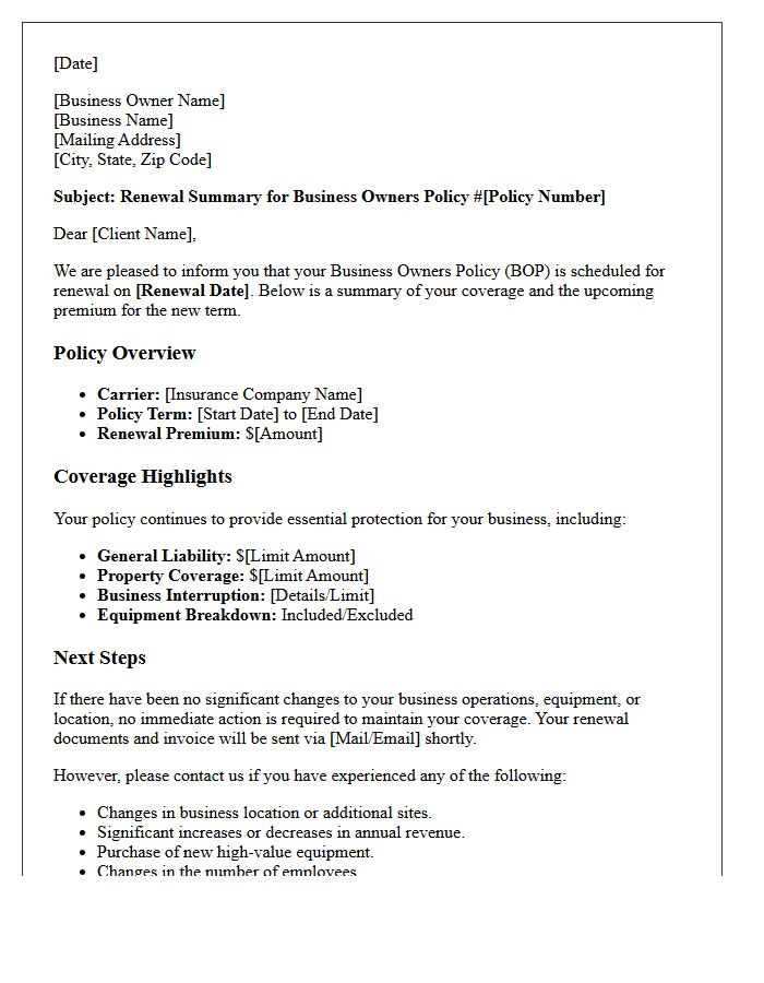 Business Owners Policy Renewal Summary Letter