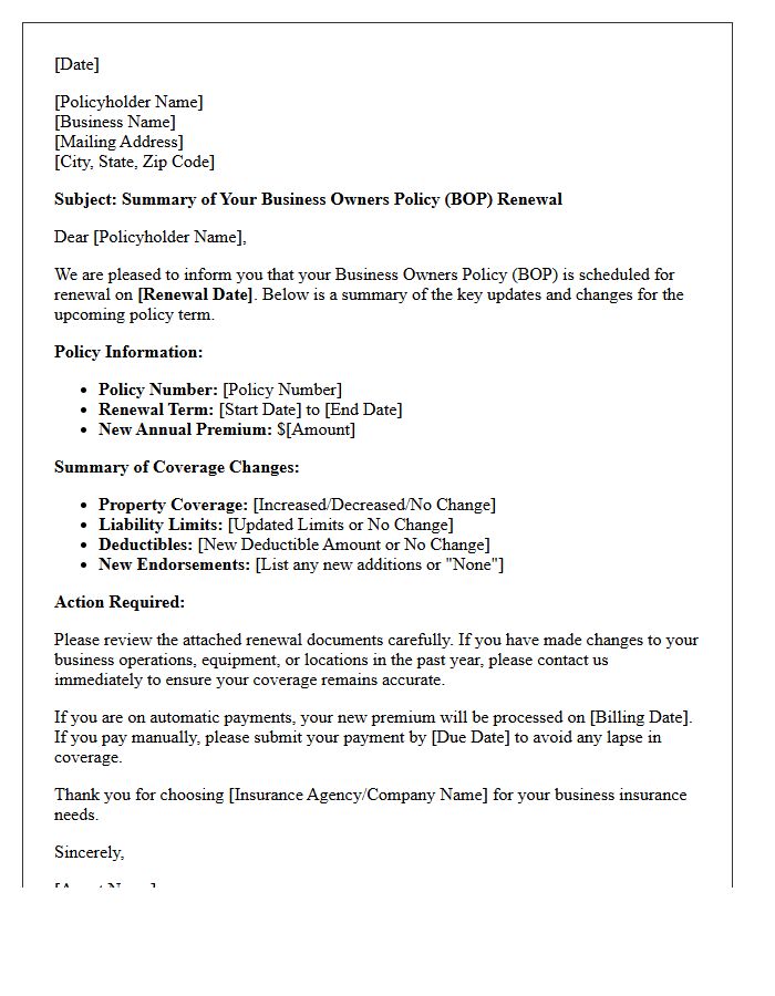 Business Owners Policy Renewal Update Summary Letter