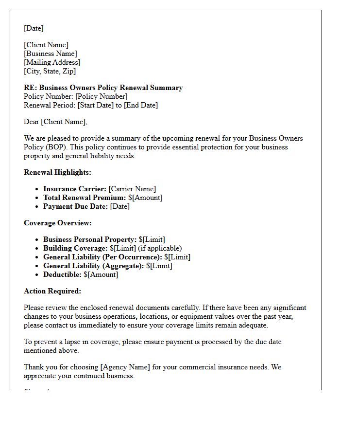 Commercial Business Owners Policy Renewal Summary Letter