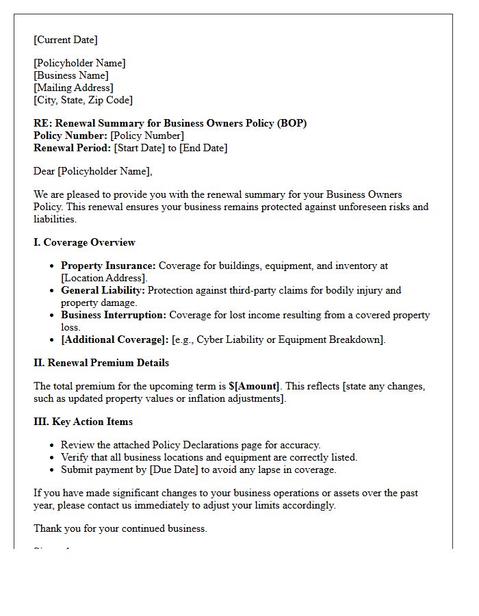 Comprehensive Business Owners Policy Renewal Summary Letter