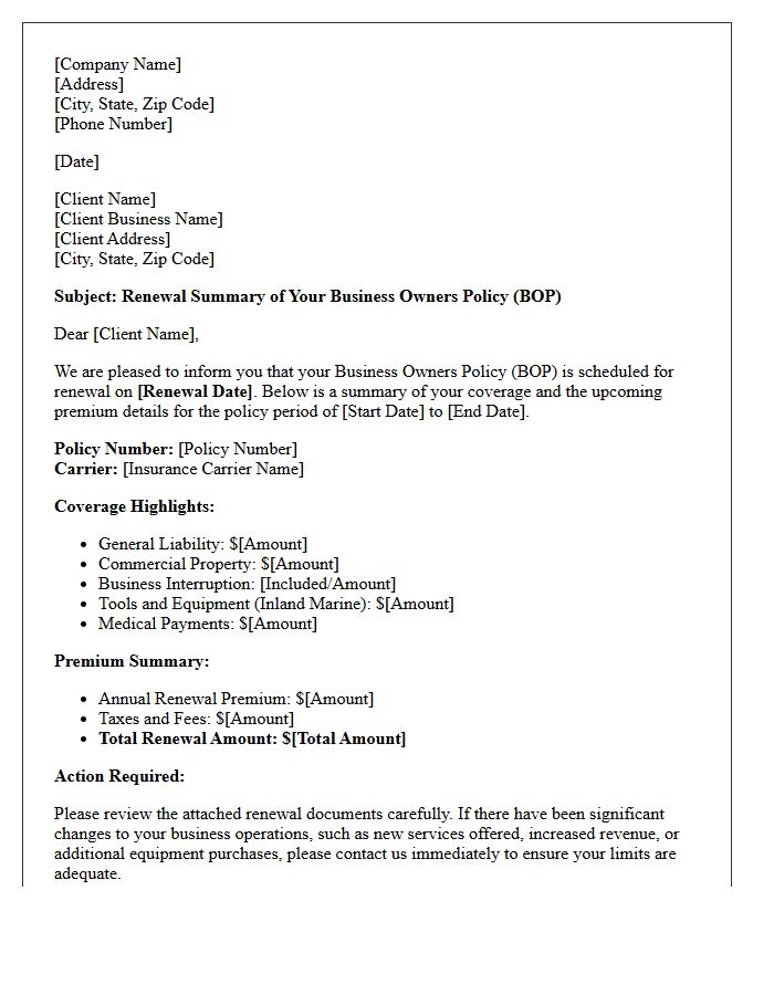 Contractor Business Owners Policy Renewal Summary Letter