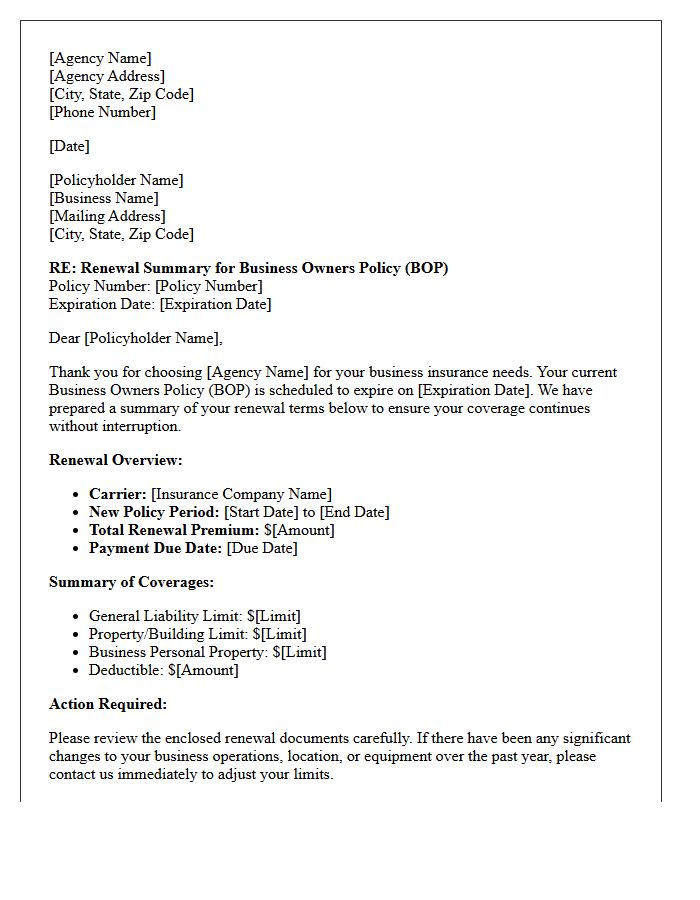 Expiring Business Owners Policy Renewal Summary Letter
