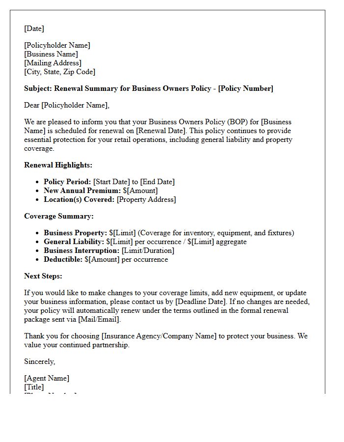 Retail Business Owners Policy Renewal Summary Letter