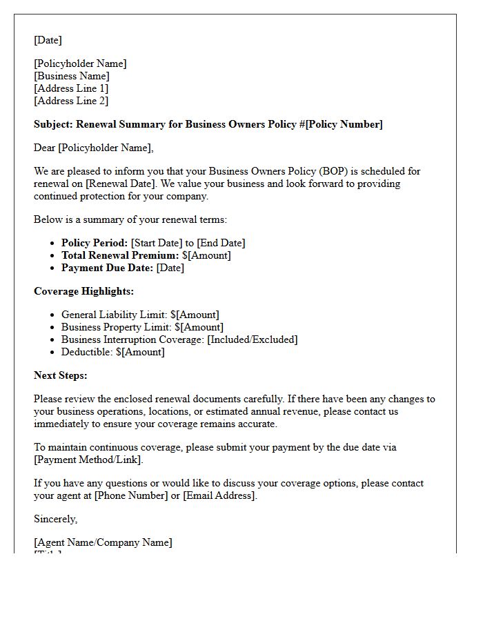 Small Business Owners Policy Renewal Summary Letter