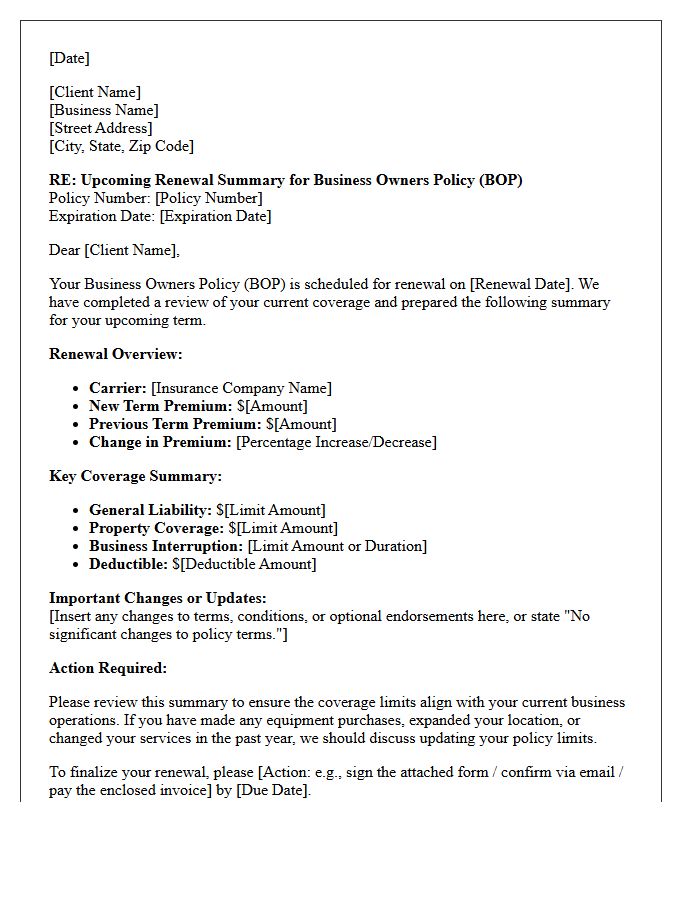 Upcoming Business Owners Policy Renewal Summary Letter