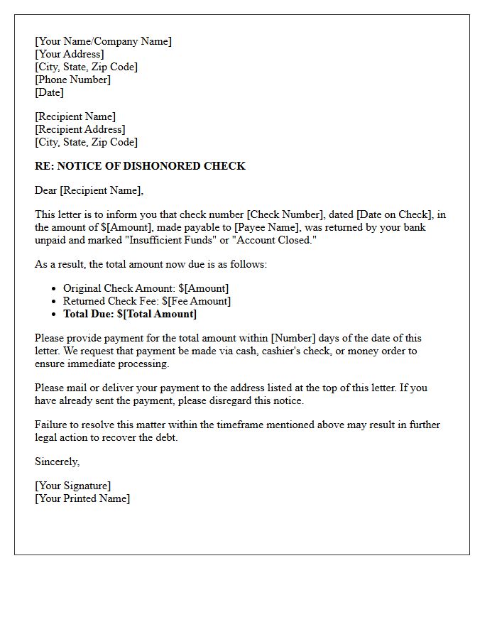 Bank Dishonored Check Debt Recovery Letter