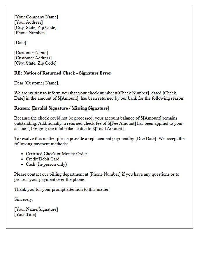Check Return Due to Signature Error Collection Letter