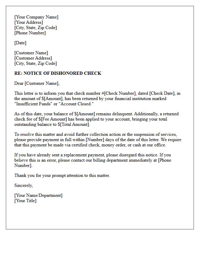 Delinquent Balance Dishonored Check Notice Letter