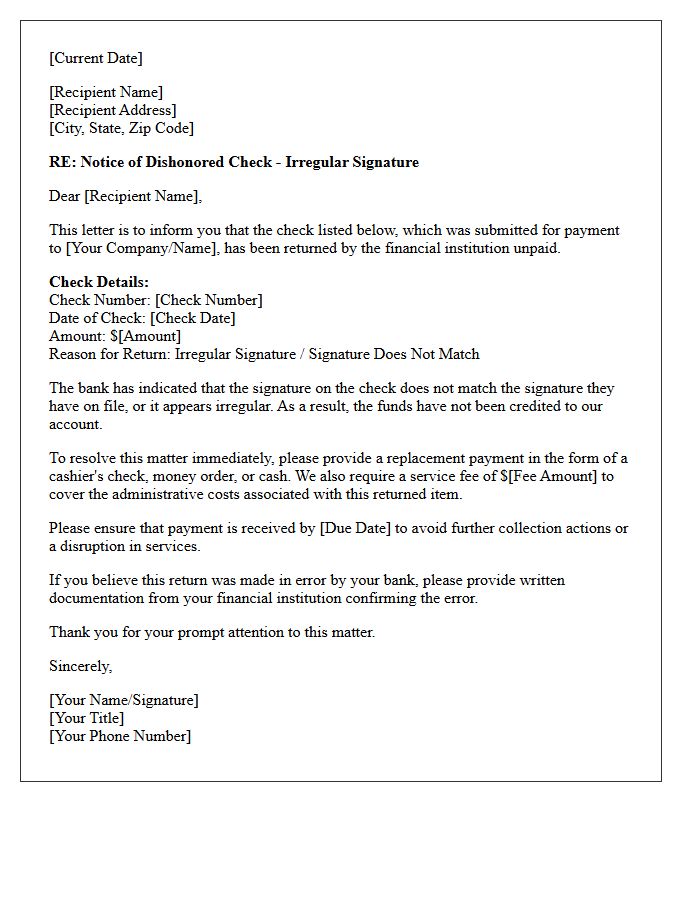 Dishonored Check Irregular Signature Notice Letter