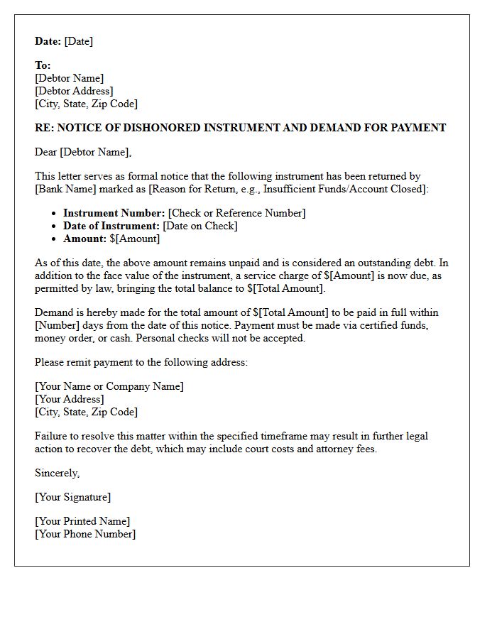 Dishonored Instrument Outstanding Debt Demand Letter
