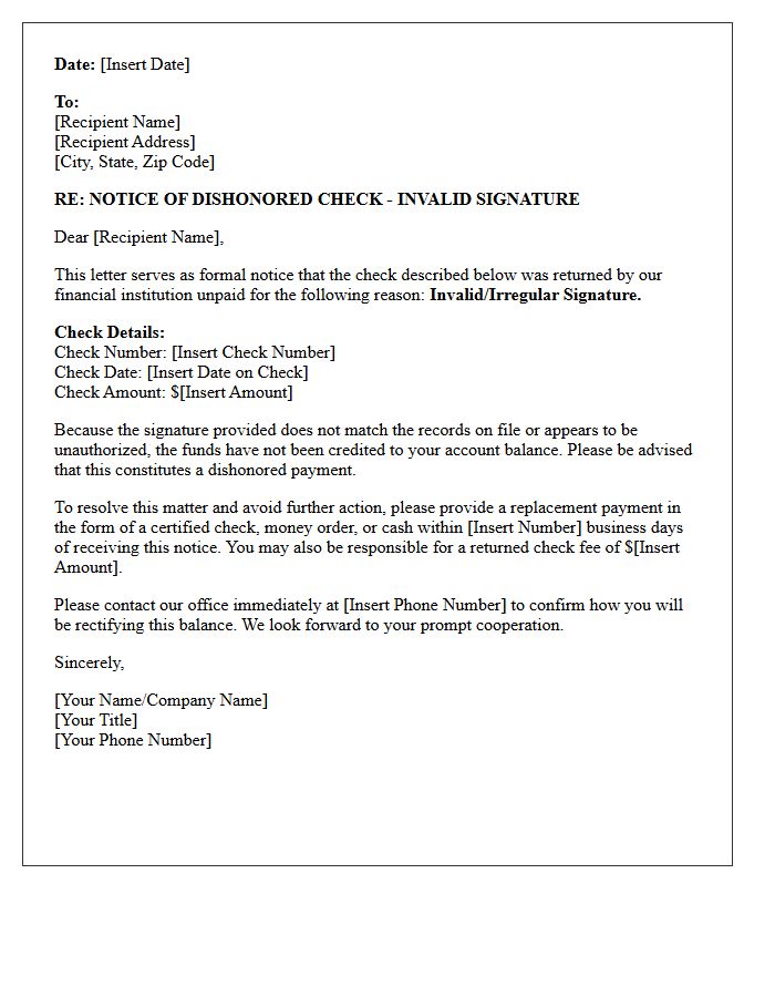 Invalid Signature Check Dishonor Warning Letter