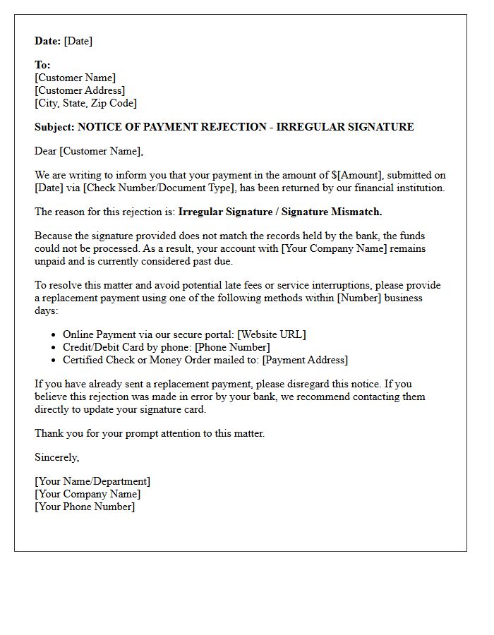 Irregular Signature Payment Rejection Collection Letter