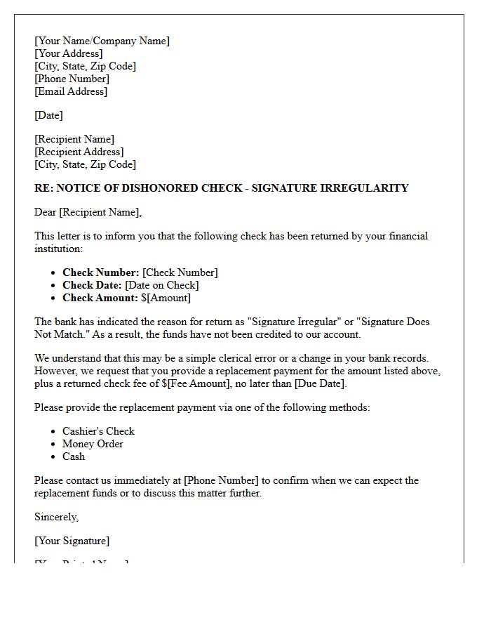 Notice of Bounced Check Signature Irregularity Letter
