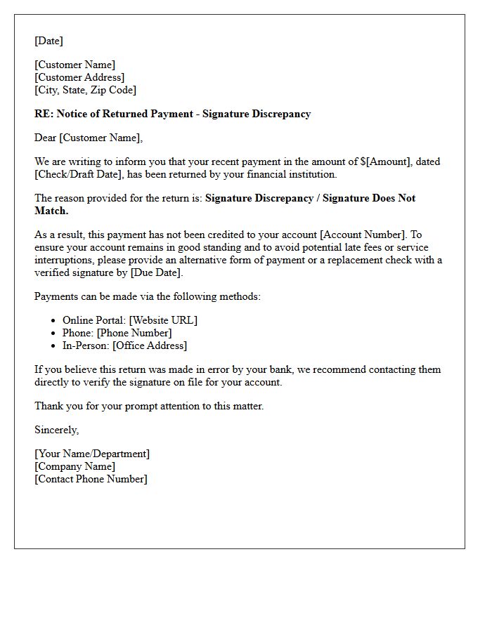 Signature Discrepancy Returned Payment Notice Letter