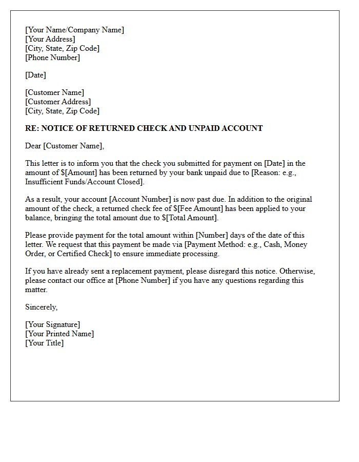 Unpaid Account Returned Check Notification Letter