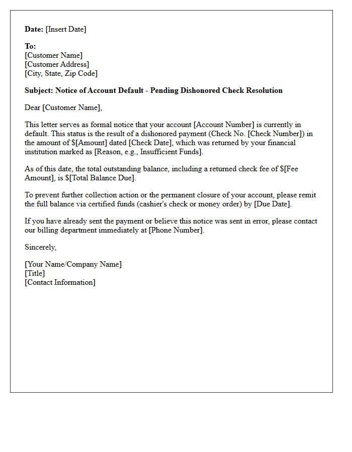 Account Default Letter Pending Dishonored Check Resolution