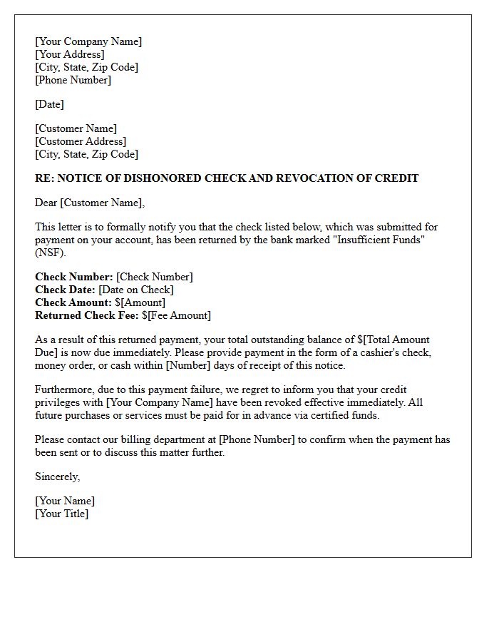 Bounced Check Notification and Credit Revocation Letter