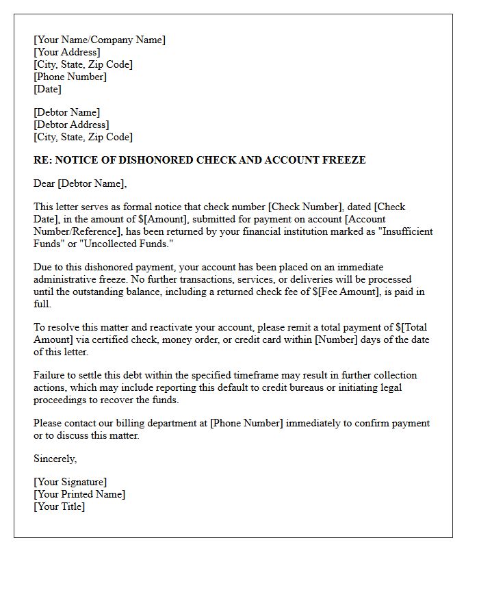 Debt Collection Letter for Dishonored Check and Account Freeze