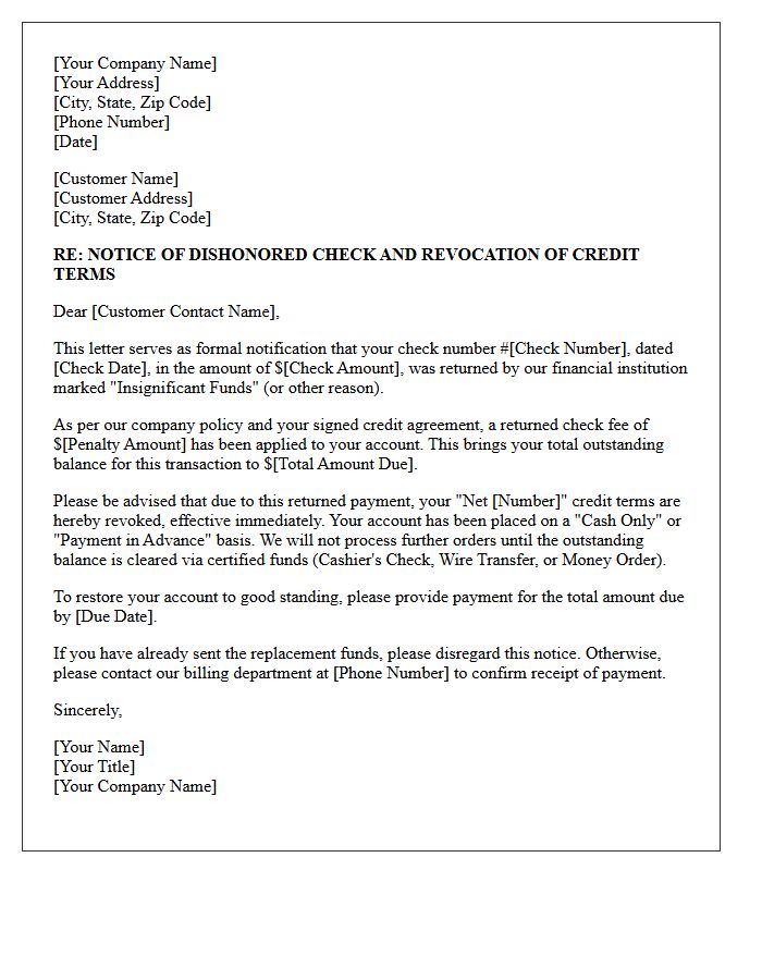 Dishonored Check Penalty Letter with Net Terms Revocation