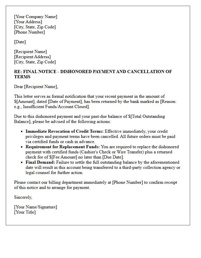 Final Notice Letter for Dishonored Payment and Terms Cancellation