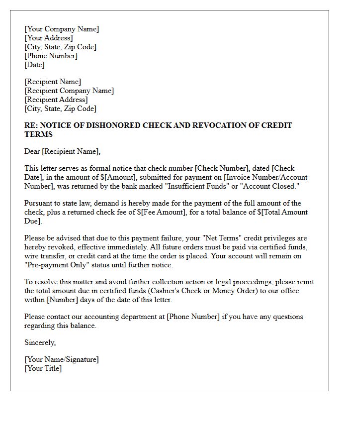 First Demand Letter for Dishonored Check and Net Terms Revocation