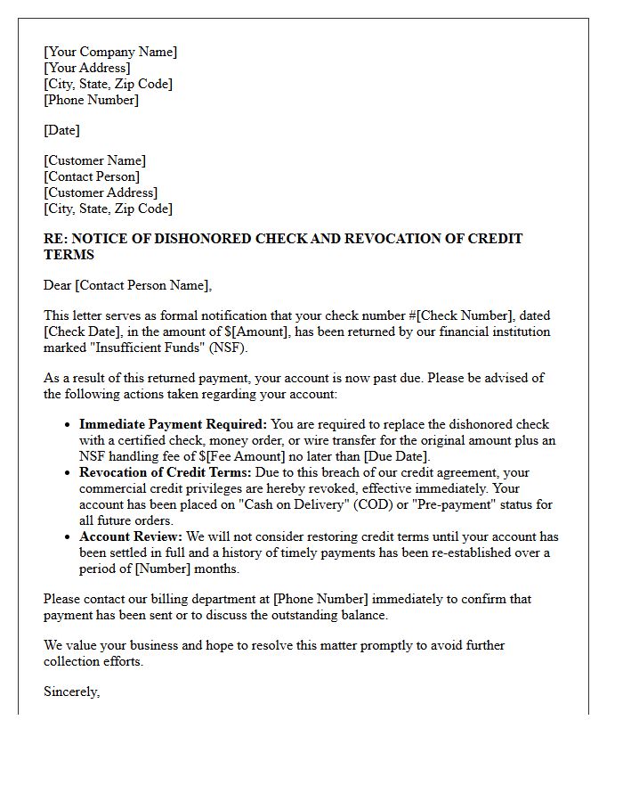 Insufficient Funds Letter and Revocation of Commercial Credit Terms