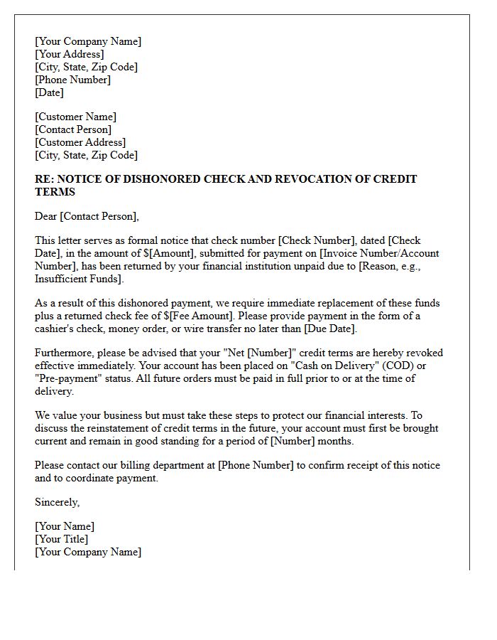 Notice of Dishonored Check and Revocation of Net Terms Letter
