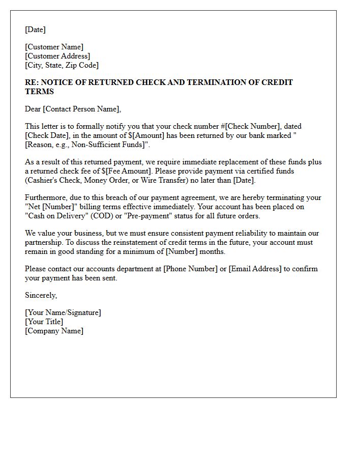 Notice of Returned Check and Termination of Net Terms Letter