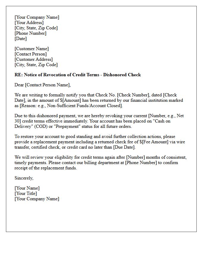 Official Letter of Net Terms Revocation Due to Dishonored Check