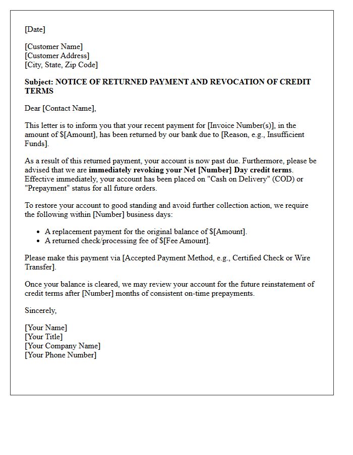 Returned Payment Letter and Immediate Revocation of Net Terms