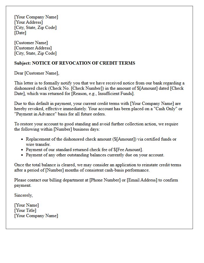 Revocation of Credit Terms Letter Following Dishonored Check