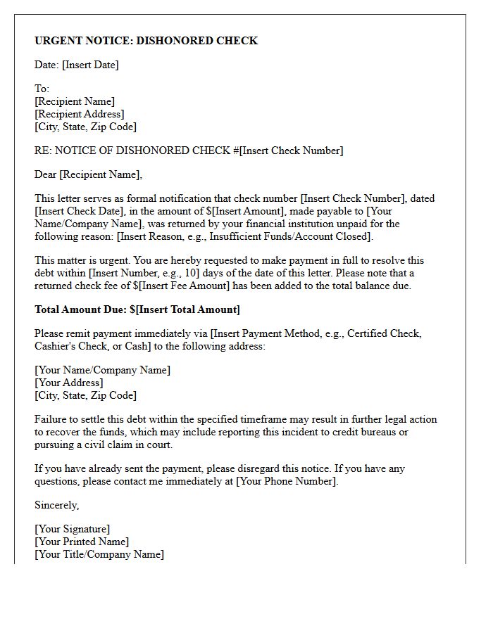 Urgent Debt Collection Letter Regarding Dishonored Check