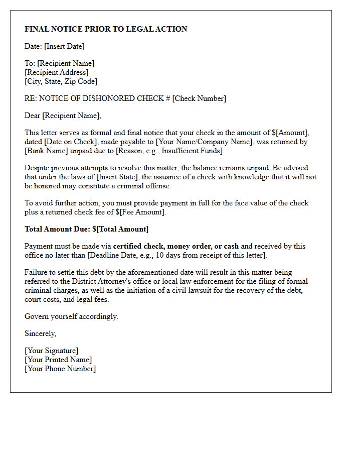 Bounced Check Final Notice Letter Pending Criminal Charges
