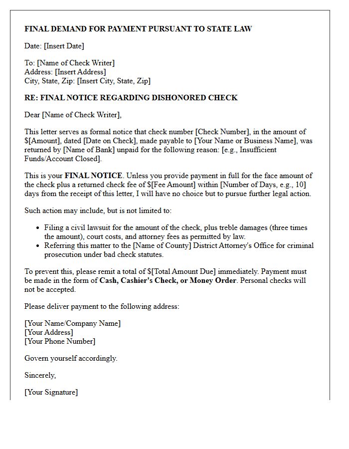 Bounced Check Pre-Prosecution Final Demand Letter