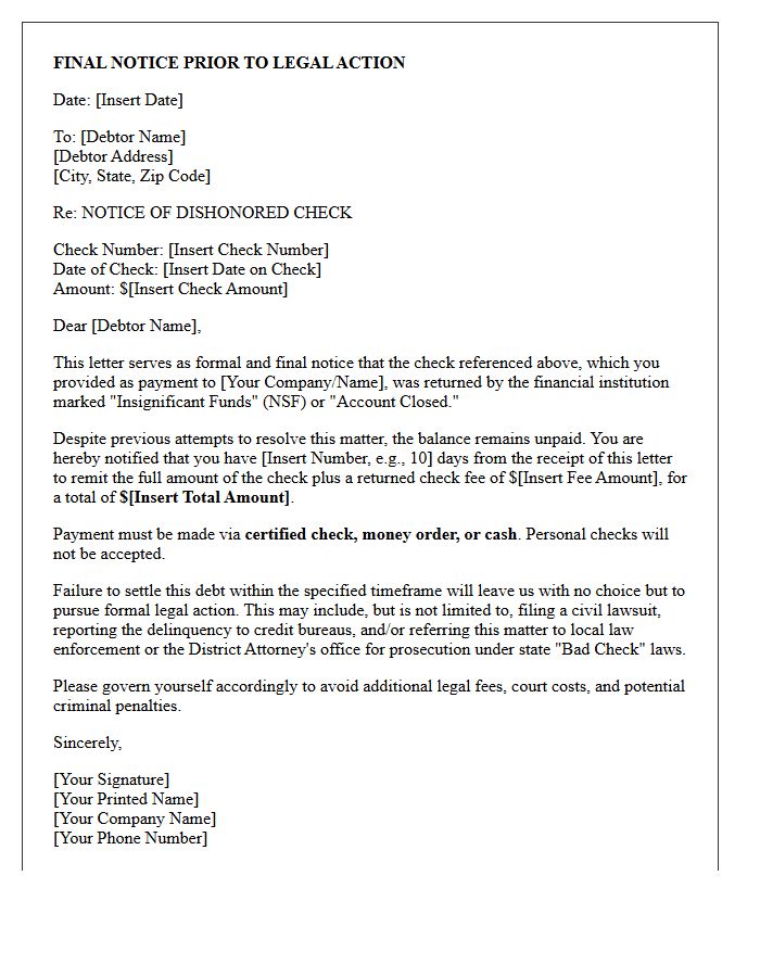 Debt Collection Final Notice Letter for Returned Check Legal Action