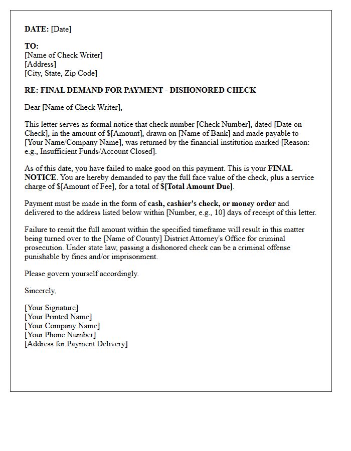 Dishonored Check Final Demand Letter Prior to Criminal Prosecution