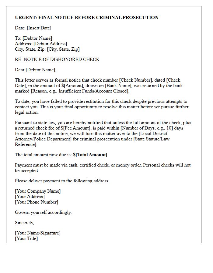 Final Collection Letter Before Criminal Prosecution for Returned Check