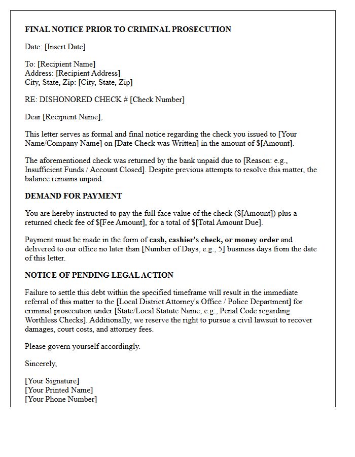 Final Notice Letter for Bounced Check and Pending Criminal Prosecution