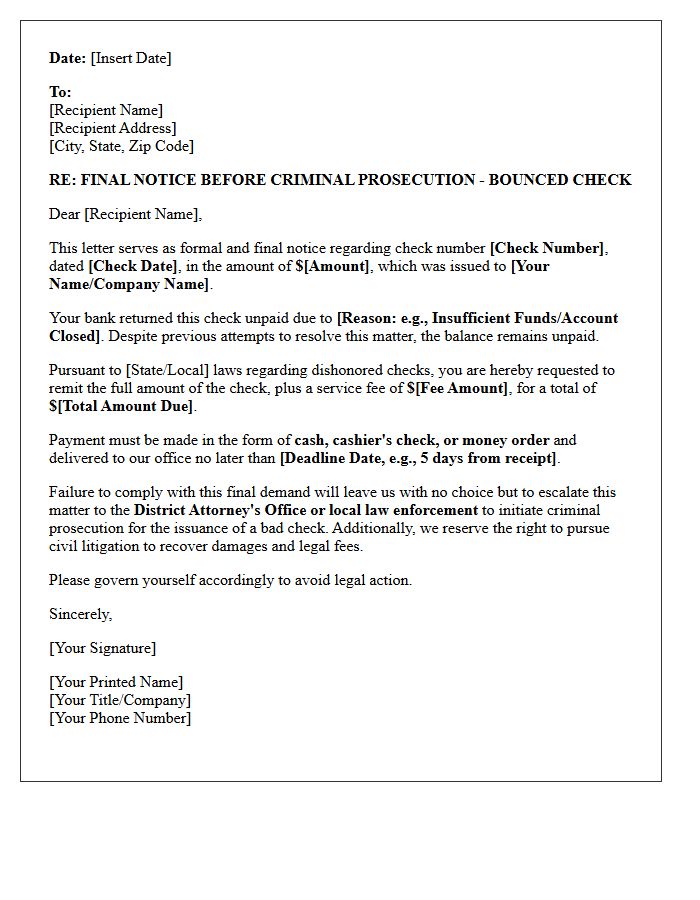 Final Warning Letter Before Criminal Prosecution for Bounced Check